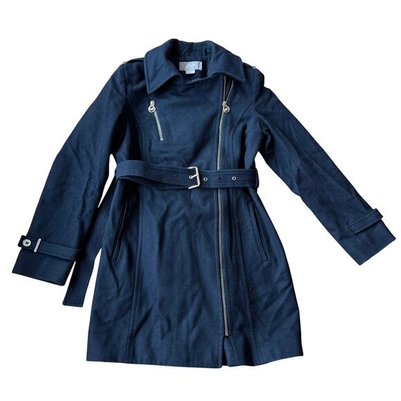 Michael Kors Black Full Zip Wool Blend Pea Coat with Belt Size 4 Classic Preppy - Picture 9 of 16